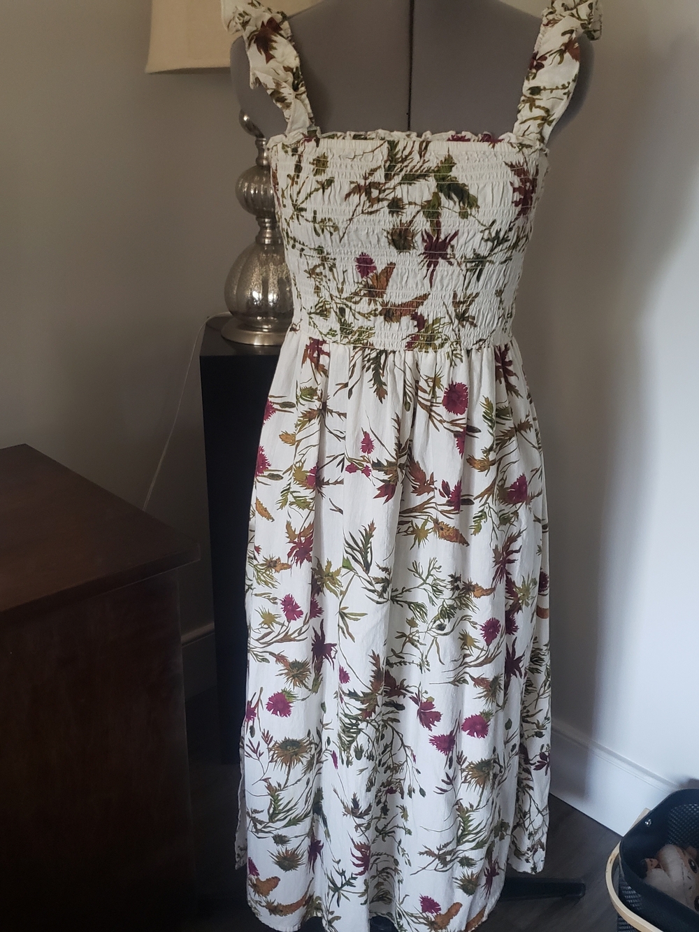 Floral Smocked Midi Dress in White with Wine & Green Print